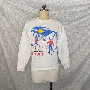 White Blue Pink Yellow Mountain Ski Print Cotton Crewneck Sweatshirt Long Sleeve